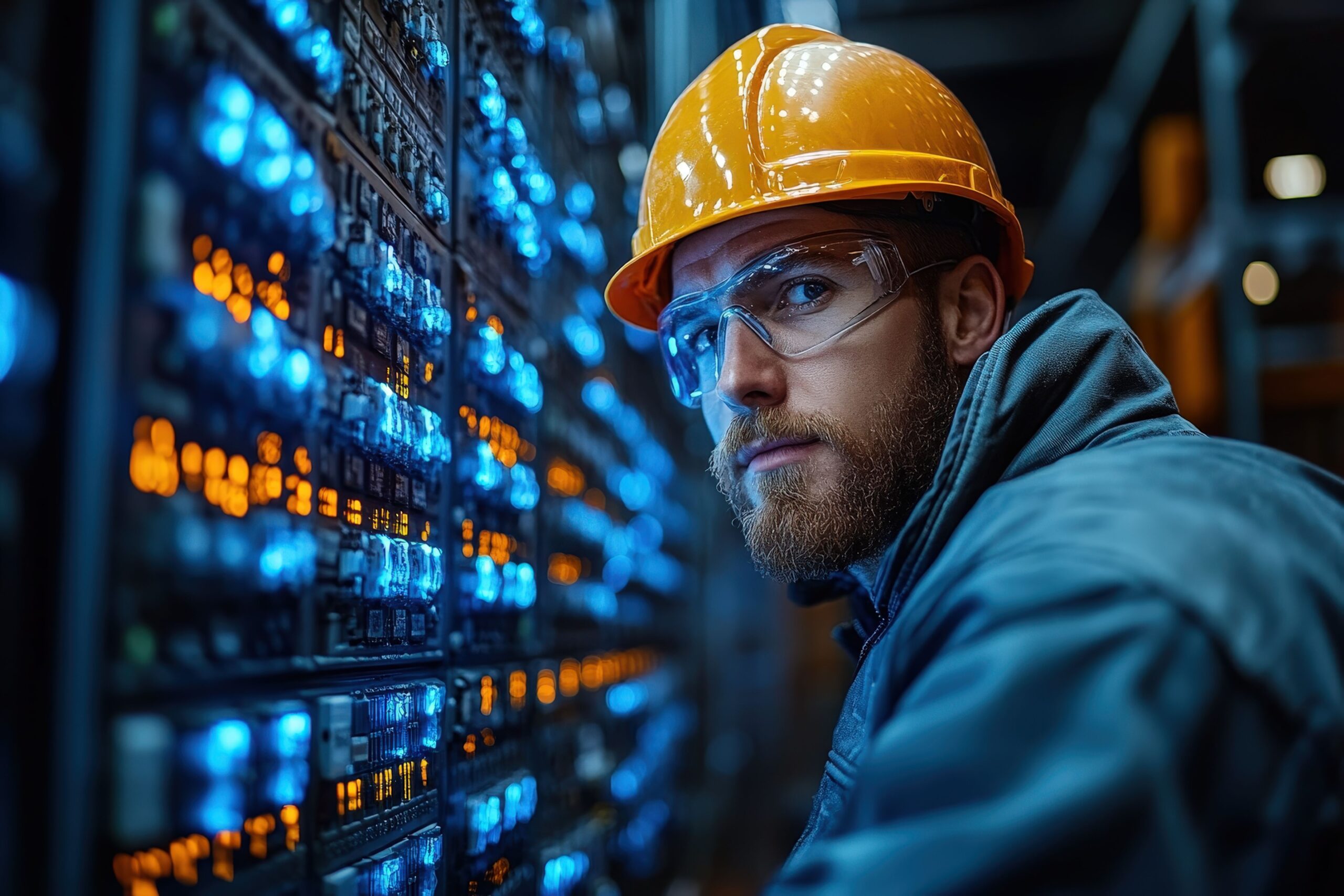 Betriebsdatenverfassung: Techniker mit Schutzhelm und Sicherheitsbrille prüft Maschinensteuerung