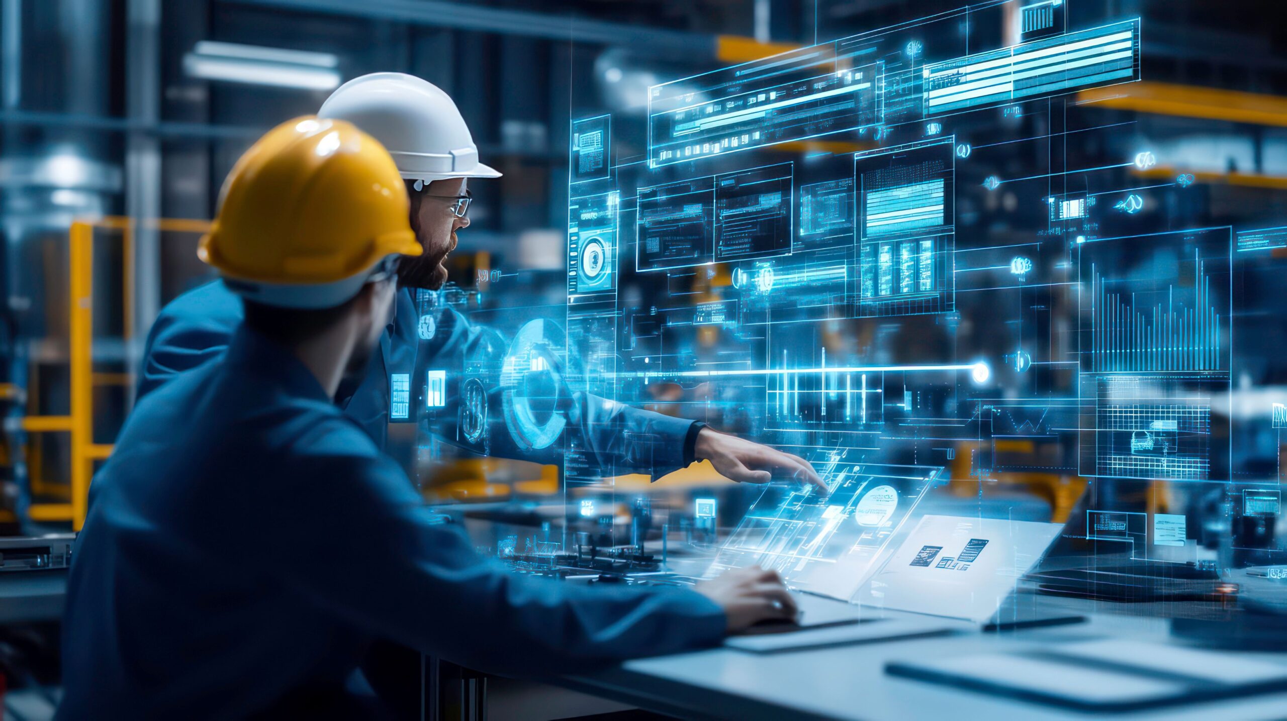 Mitarbeiter analysieren Echtzeit-Betriebsdaten an einem digitalen Bildschirm
