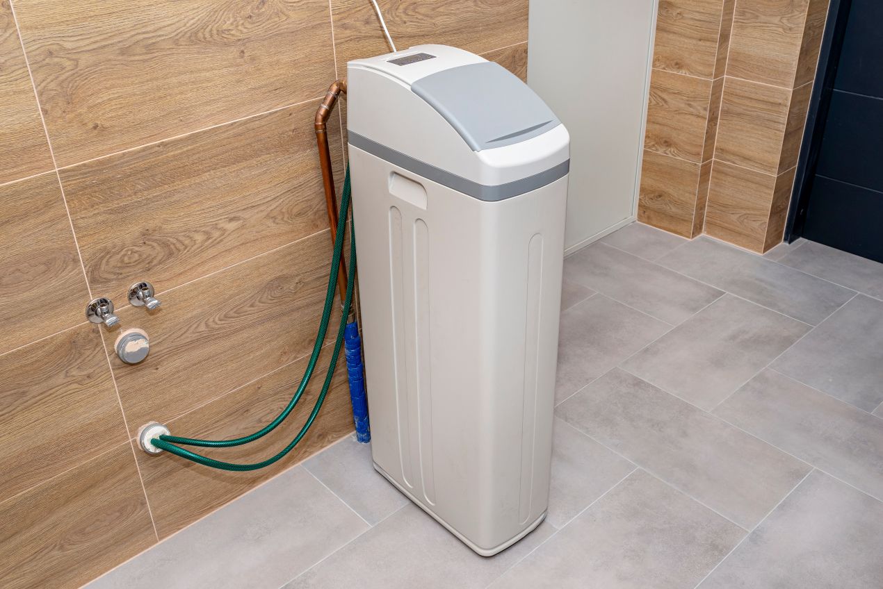 Moderne Enthärtungsanlage im Keller neben Wasseranschlüssen – ideal zur Wasseraufbereitung bei hartem Leitungswasser im Haushalt
