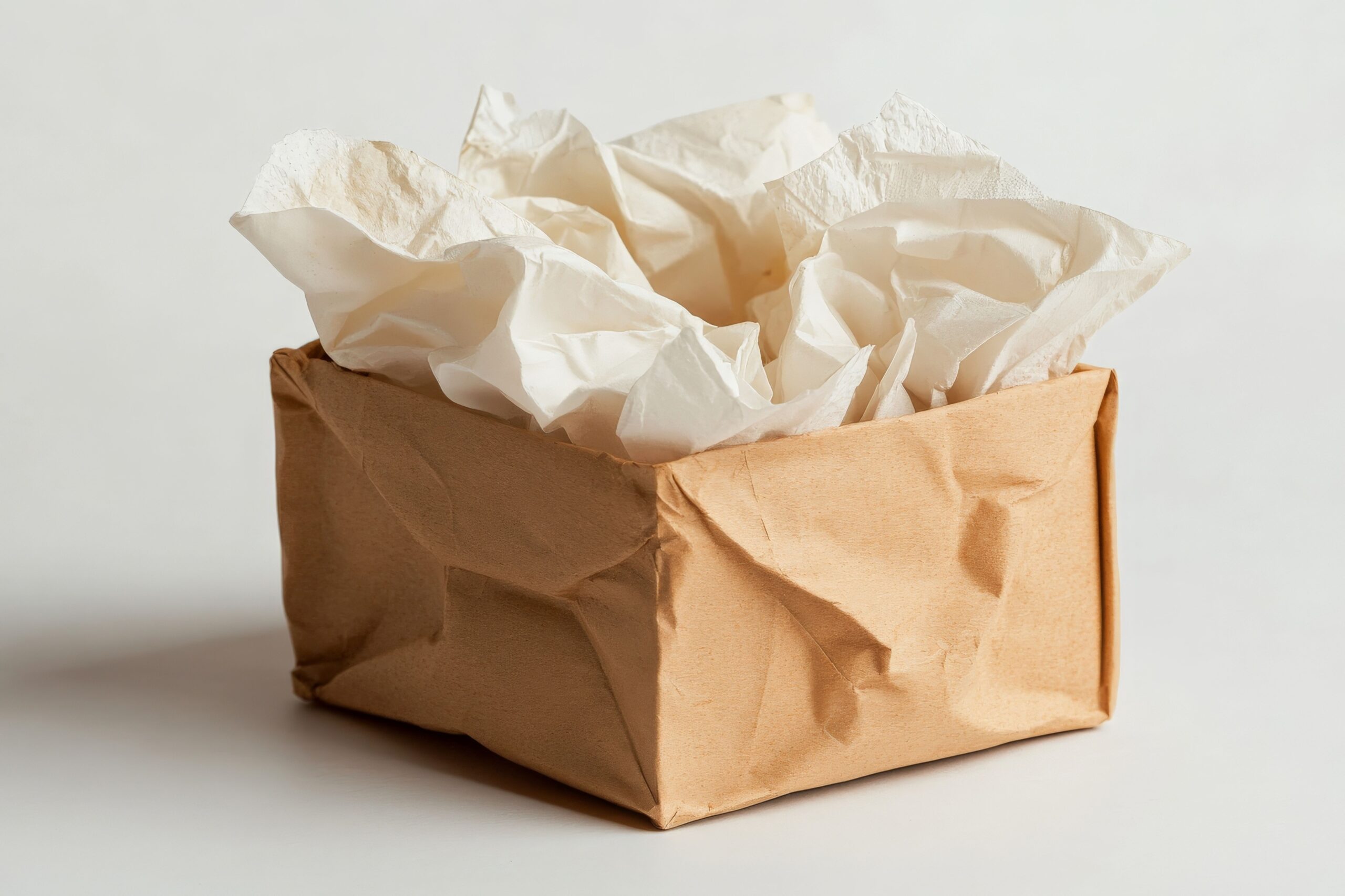 Schrenzpapier als nachhaltiges Füllmaterial in braunem Papierkarton