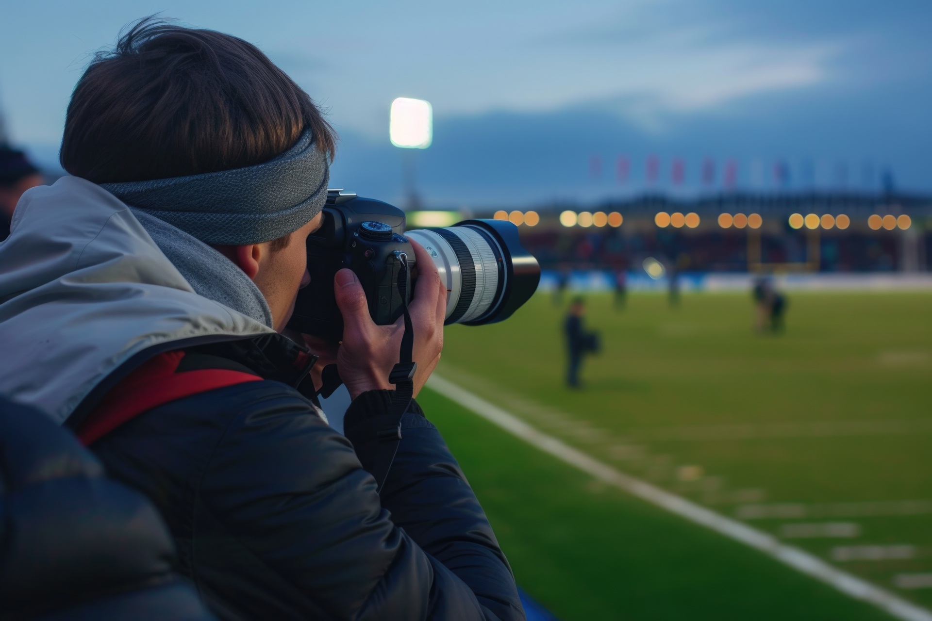 Fotograf im Stadion beim Negative scannen