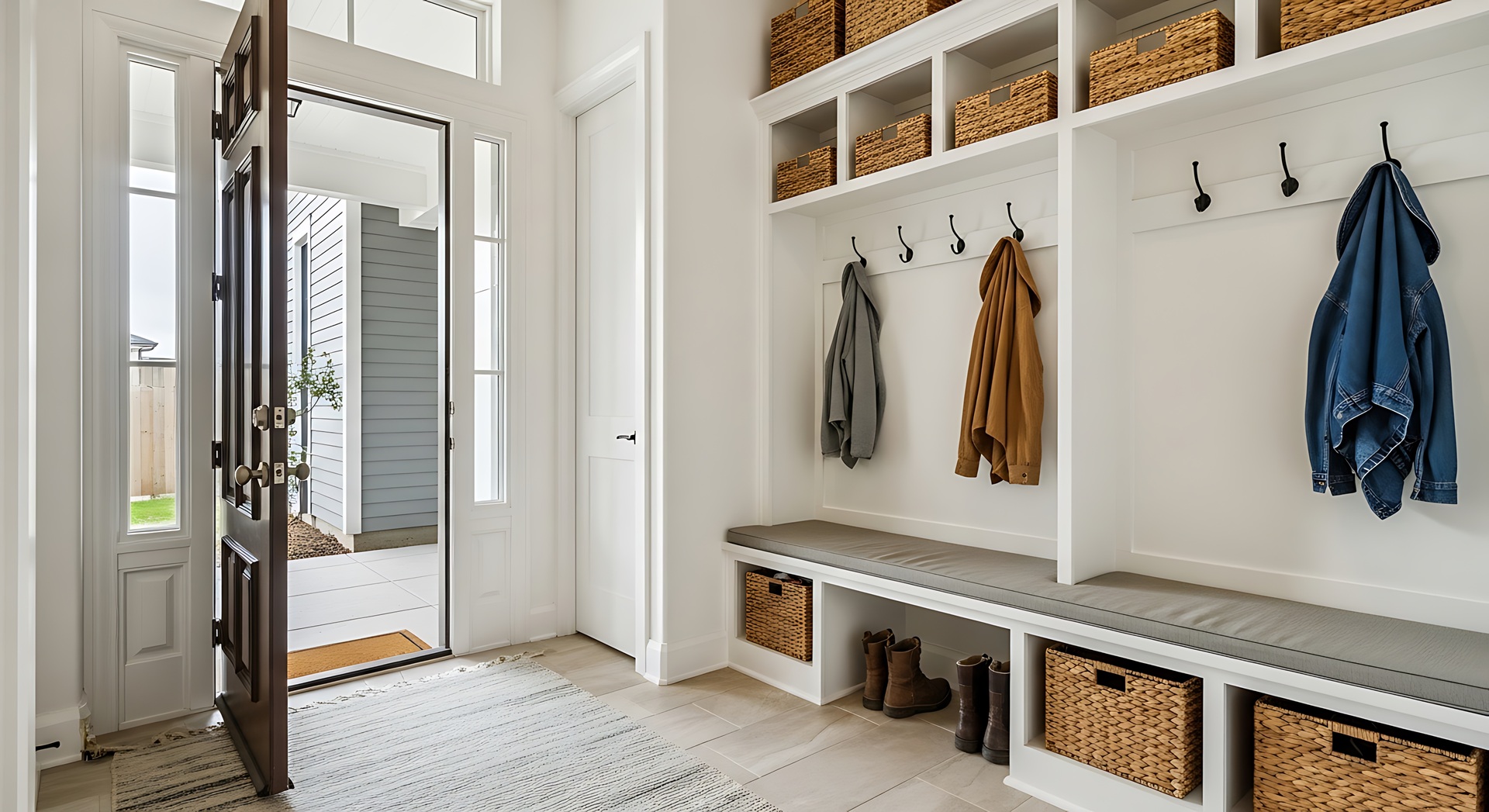 Flur mit Garderobe und Sitzbank | Mülltonnenbox 2er