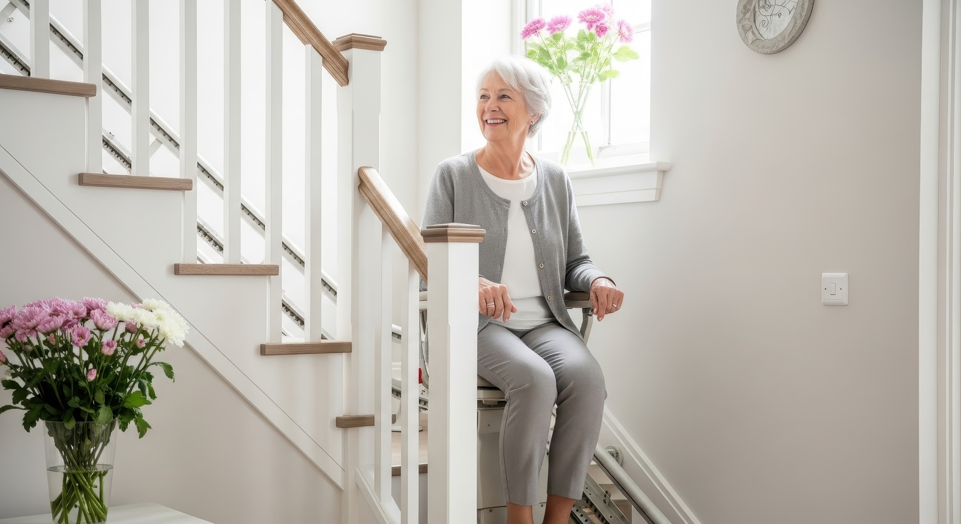 Ältere Frau nutzt modernen Treppenlift im Haus | Treppe Lift