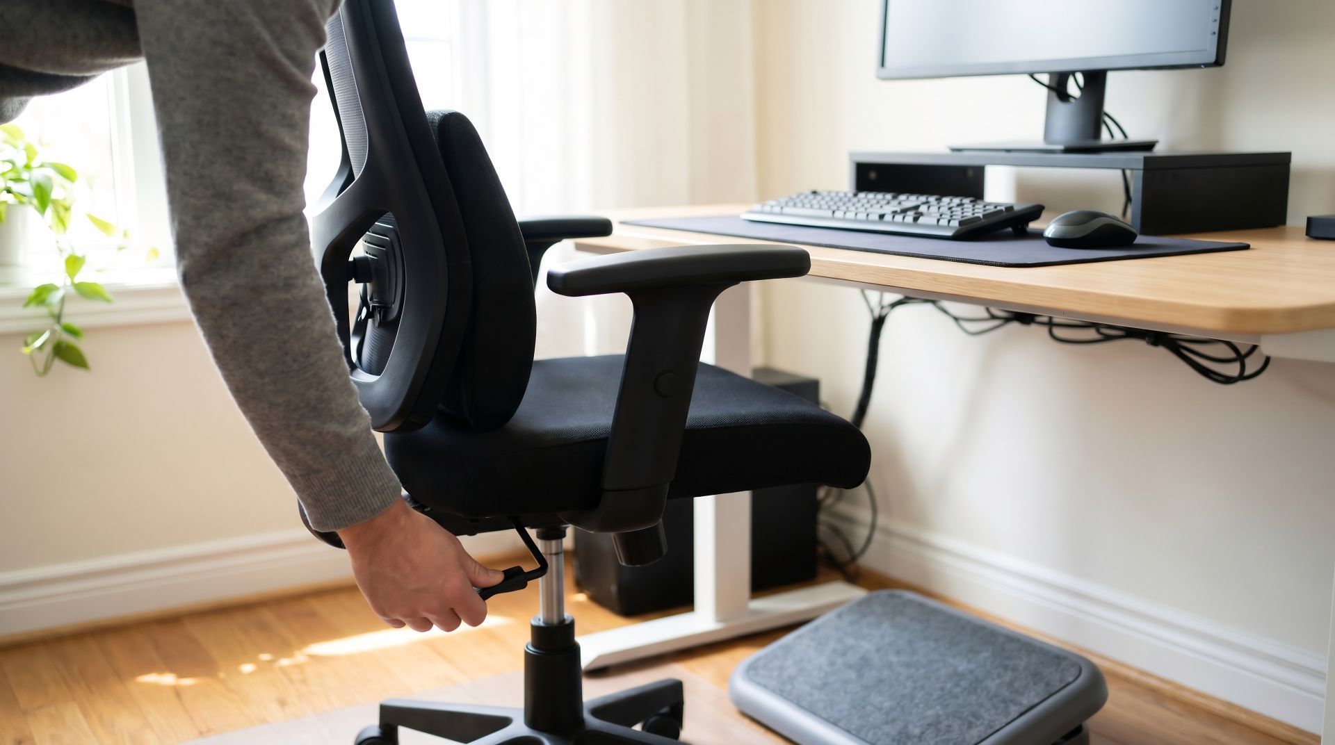 Ergonomischer Bürostuhl mit verstellbarer Sitzhöhe am Homeoffice-Schreibtisch